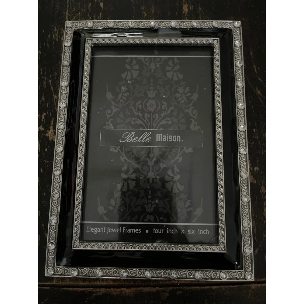 Belle Maison Elegant Jewel Frame 4x6 Black Enamel Rhinestone Silver Tone New